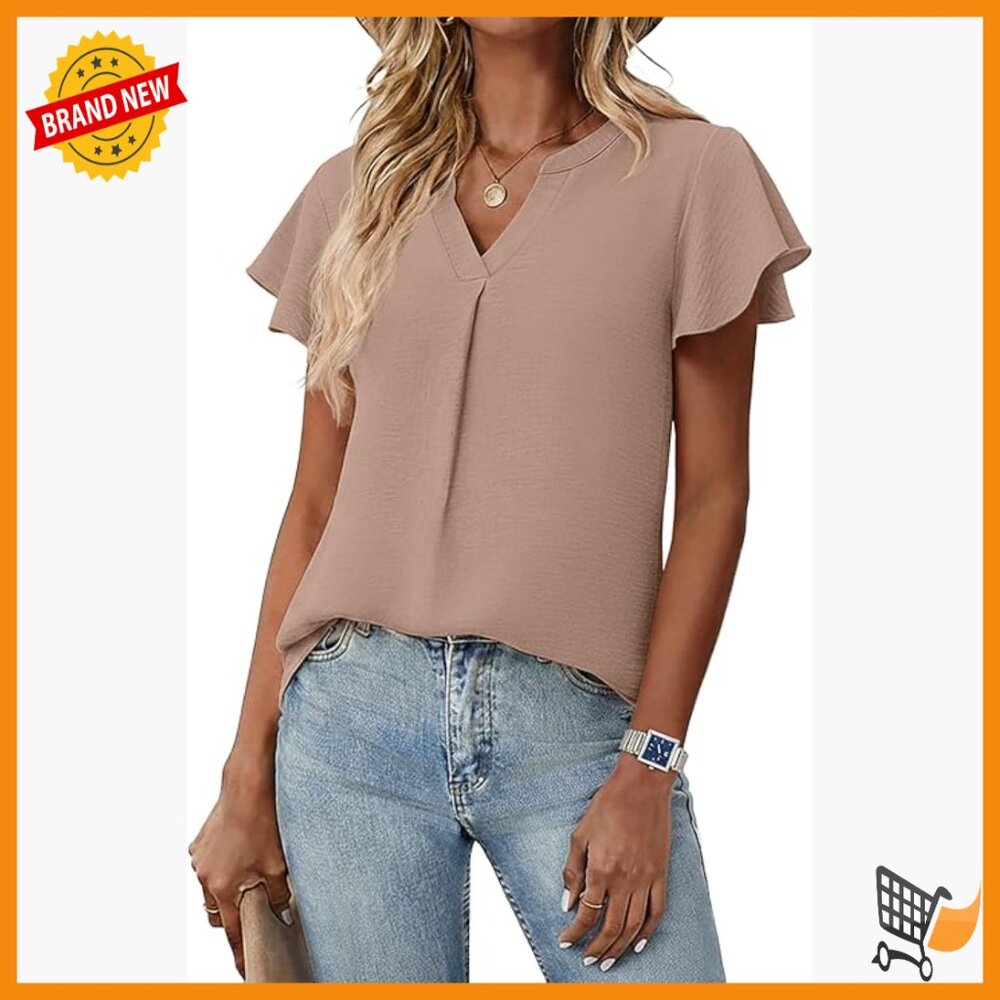 V-Neck Ruffle Sleeve Blouse, Lightweight Polyester, Business Casual Top - Picture 1 of 7